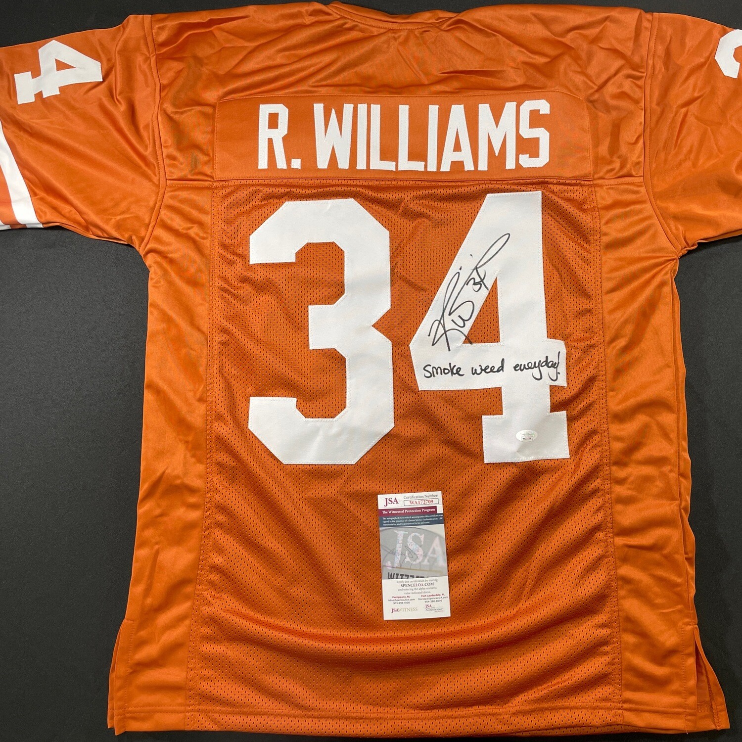Ricky Williams Texas Longhorn Orange Autographed Jersey & Inscription “ Smoke Weed Everyday!  “ w/ JSA COA