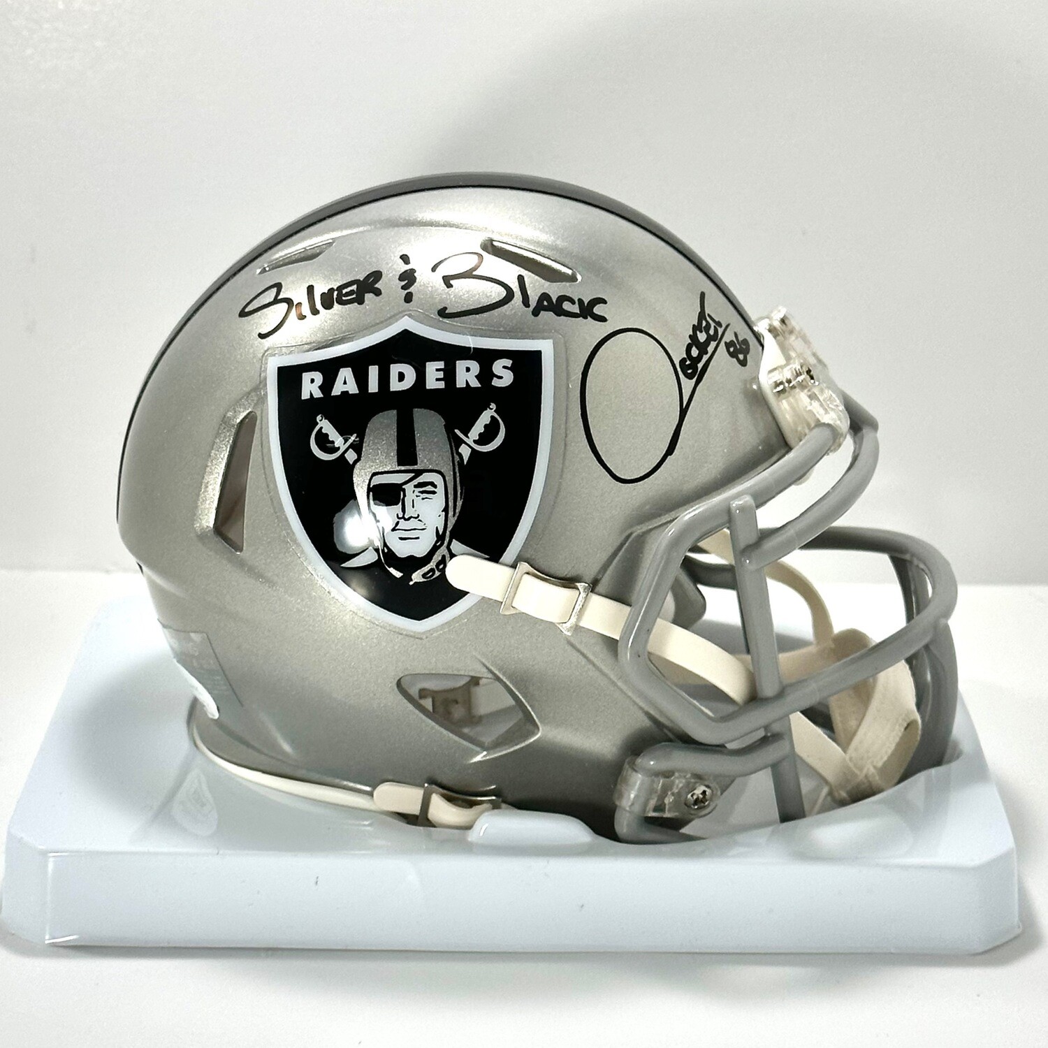 Rocket Ismail Autographed Raiders Mini Helmet Inscrided Silver & Black JSA Authenticated