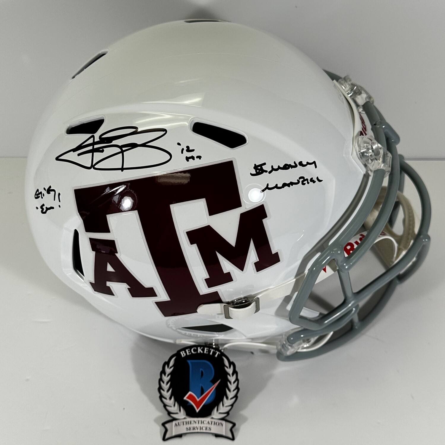 Johnny Manziel White Texas A&M Full Size Replica Helmet Inscribed “Money Variation” Beckett Authenticated