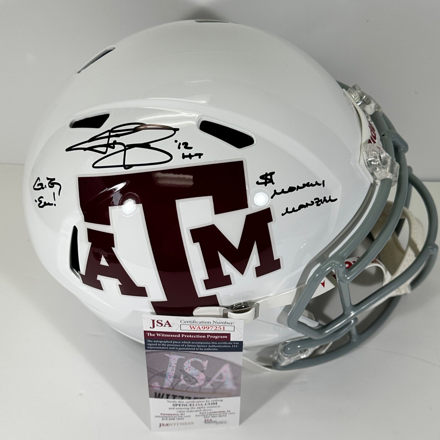 Johnny Manziel White Texas A&M Full Size Replica Helmet Inscribed “Money Manziel” JSA Authenticated