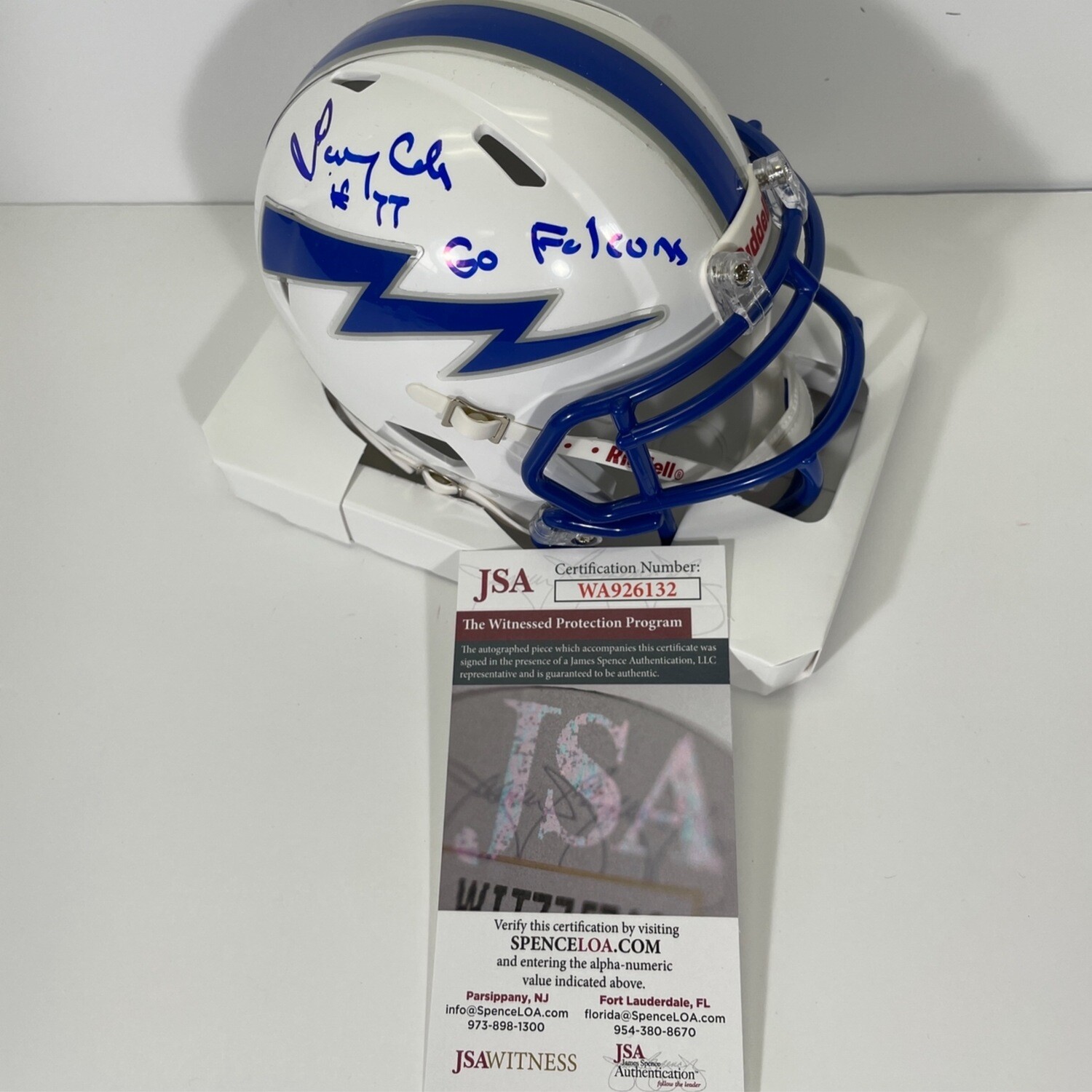 Larry Cole Air Force Blue Mini Helmets JSA Inscription “ Go Falcons “