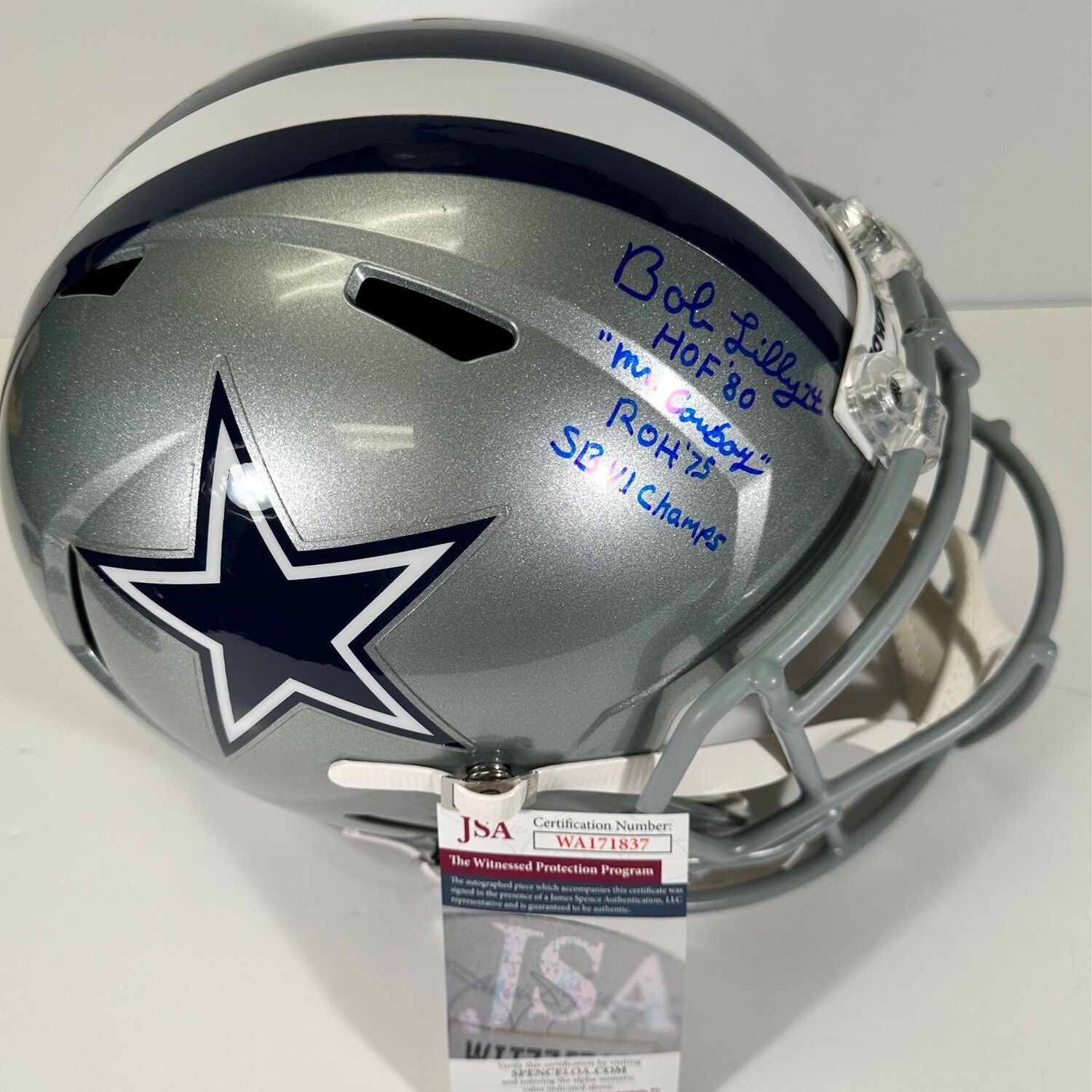 Bob Lilly Replica Full Size Autographed Helmet Inscribed Mr Cowboy,HOF80,ROH75 and SBVI Champs” JSA Authenticated
