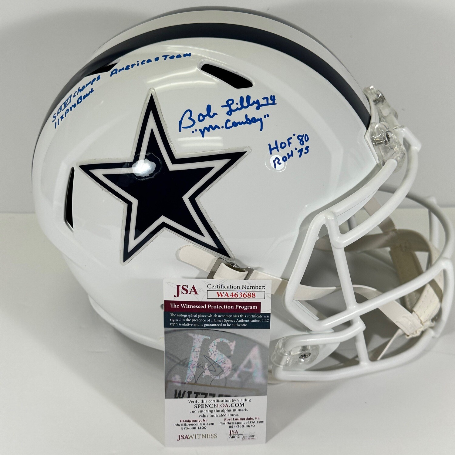 Bob Lilly White Alternate Replica Full Size Helmet 5 Inscription JSA Authentication