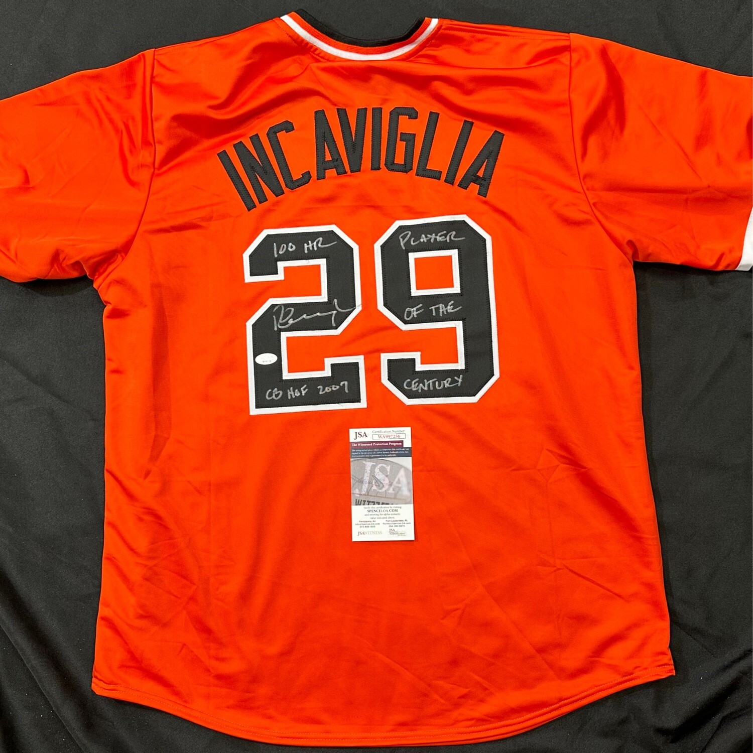 Pete Incaviglia Orange  CB HOF07 No Stats Oklahoma State Autographed Jersey Inscribed with  JSA Authentication