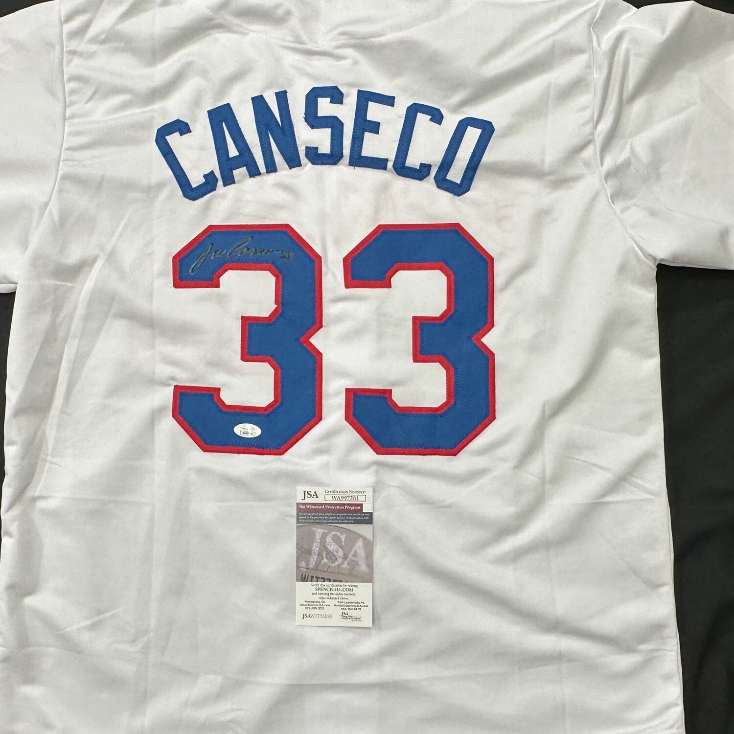 Jose Canseco White Texas Rangers No inscriptions or stats Stats Autographed Jersey JSA Certified