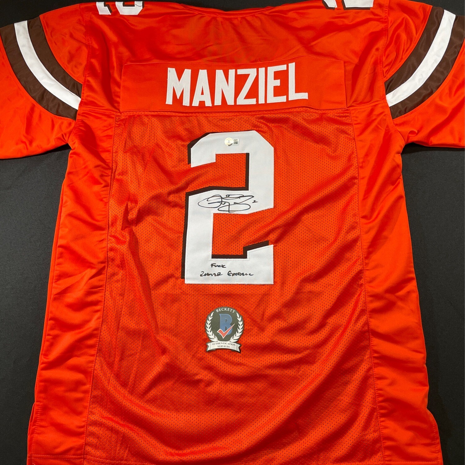 Johnny Manziel Orange Cleveland Brown Autographed Jersey w/Fuck Roger Goodell Beckett Authenticated