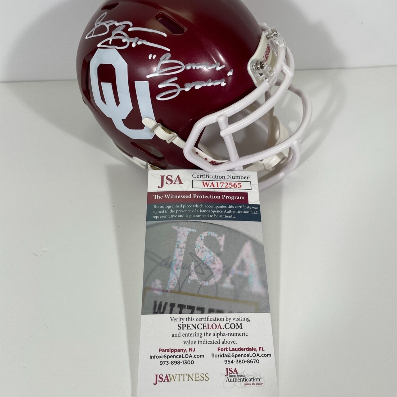 BRIAN BOSWORTH OKLAHOMA OU SOONERS SIGNED MINI HELMET W/BOOMER SOONER JSA COA