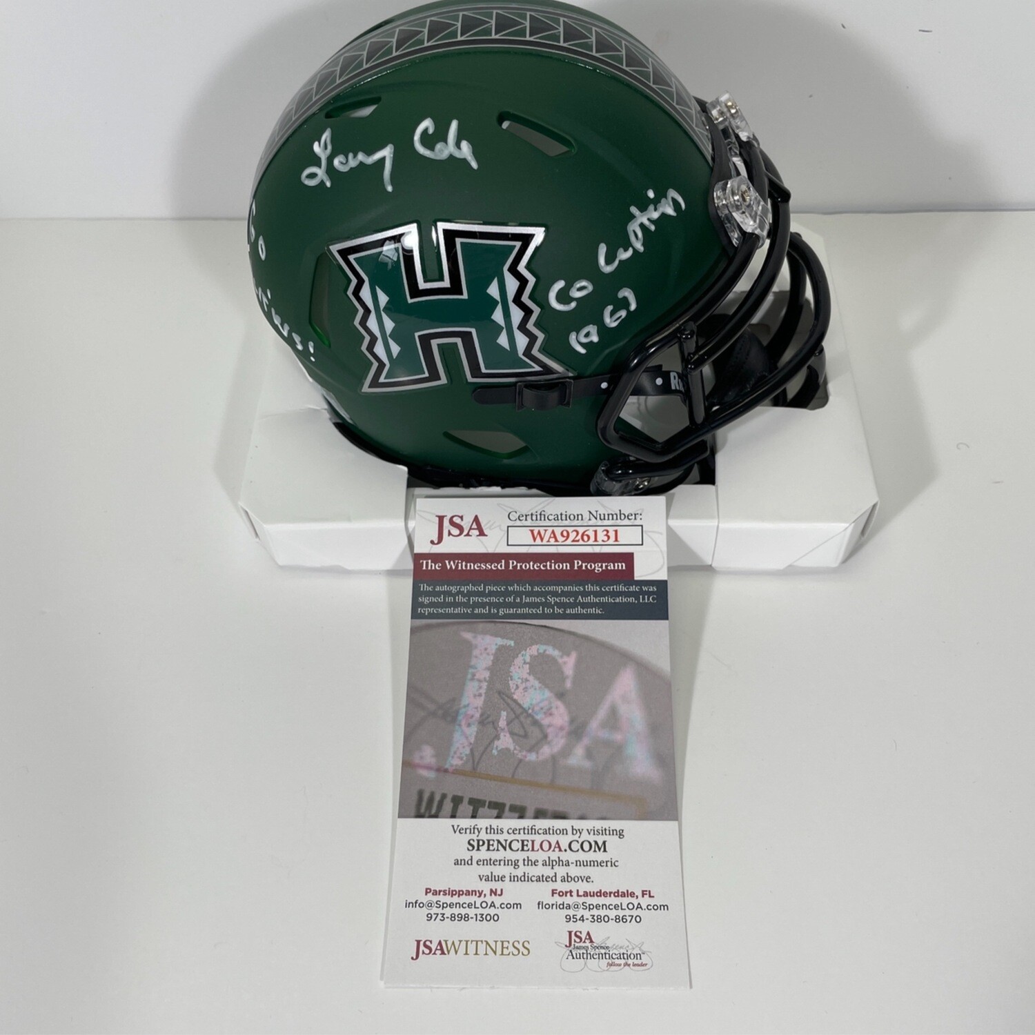 Larry Cole Hawaii Warriors Riddell Speed Mini Helmet JSA Auto Inscription “ Go Warriors “ & “ Co Captain “