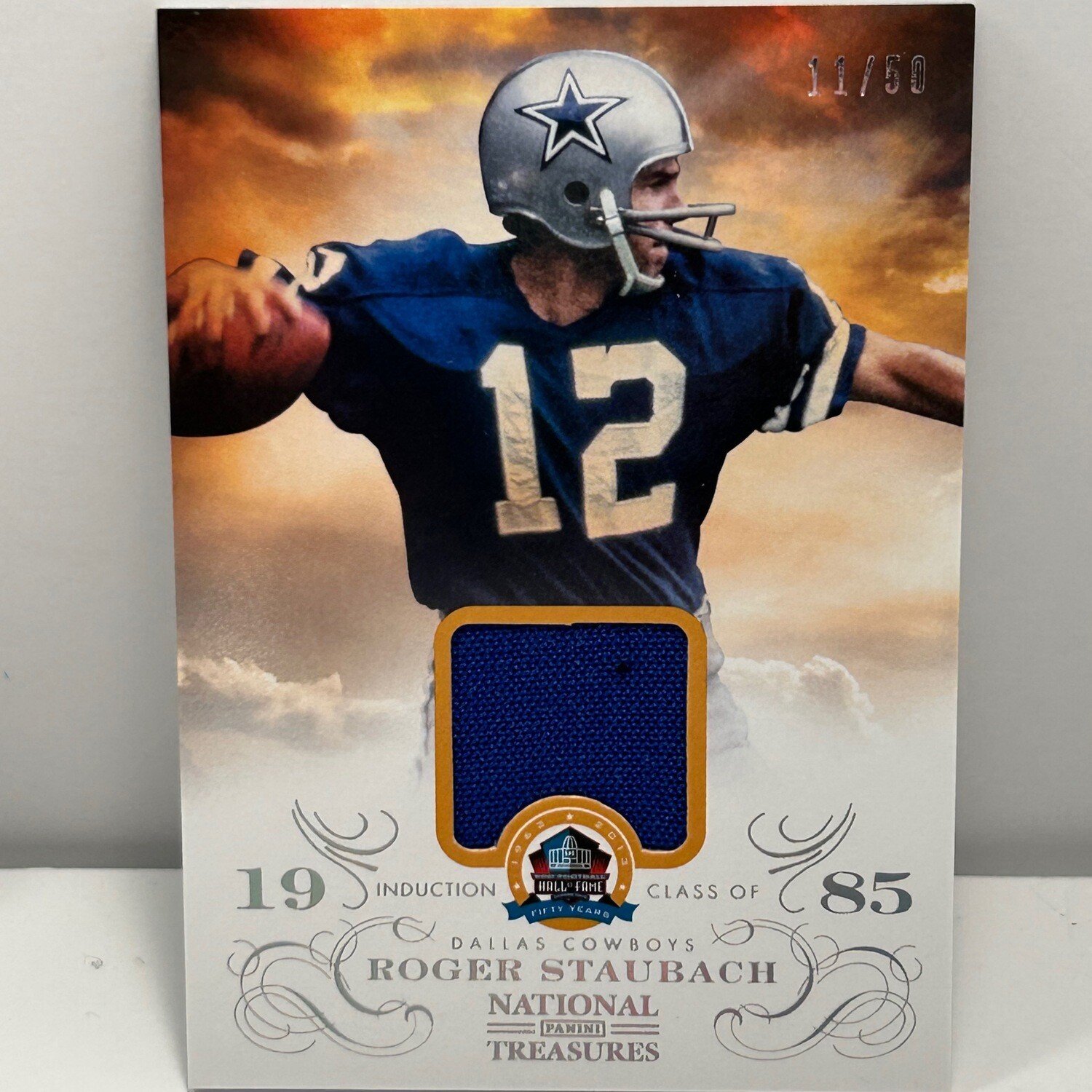 2013 Panini National Treasure Induction Class of 1985 Roger Staubach Patch /50