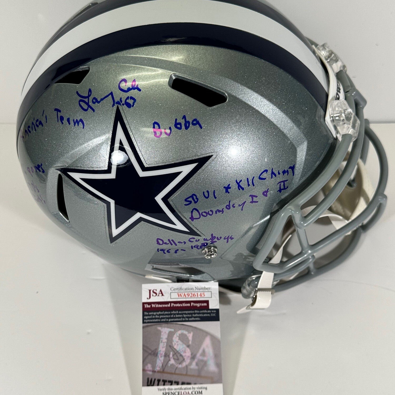 Larry Cole Replica Full Size Autographed Helmet w/8 inscriptions JSA Authenticated
