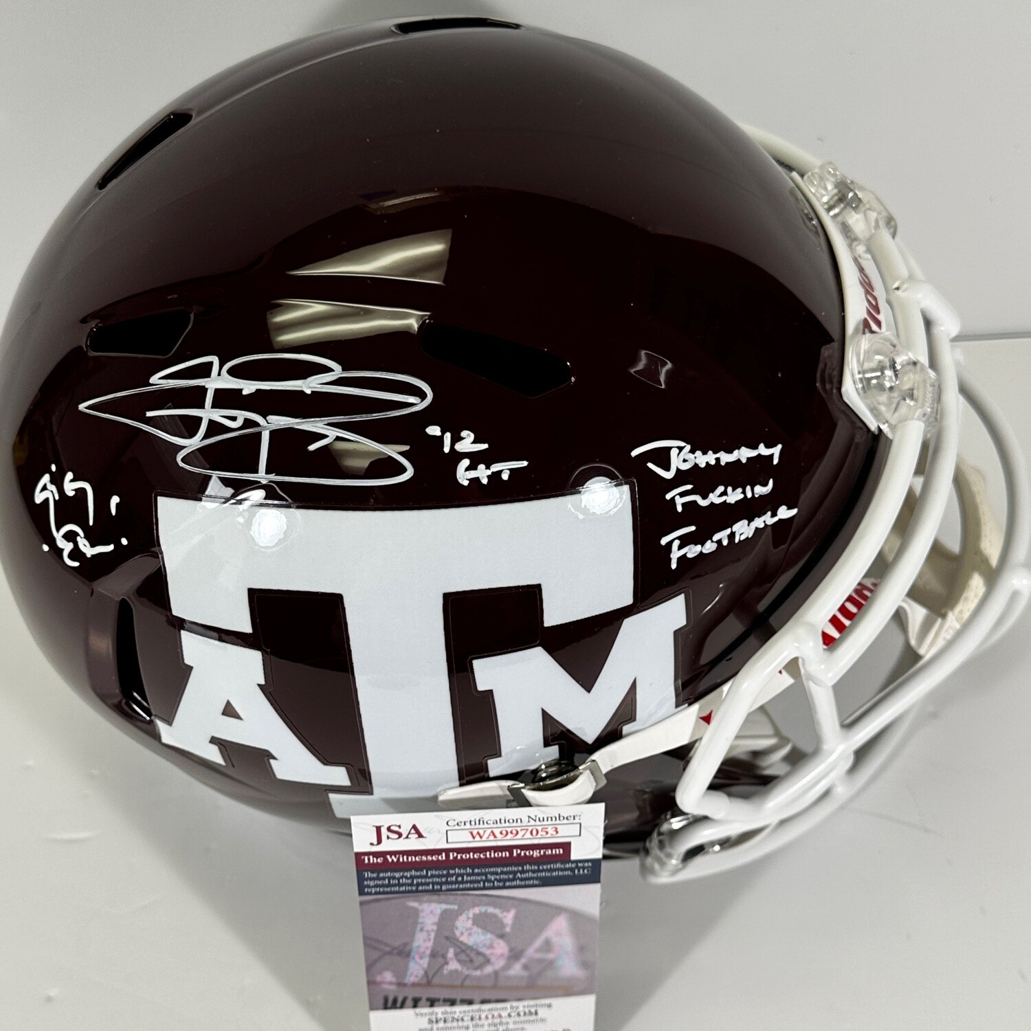 Johnny Manziel Maroon Texas A&M Full Size Replica Helmet Inscribed “Johnny Fuckin Football”JSA Authenticated