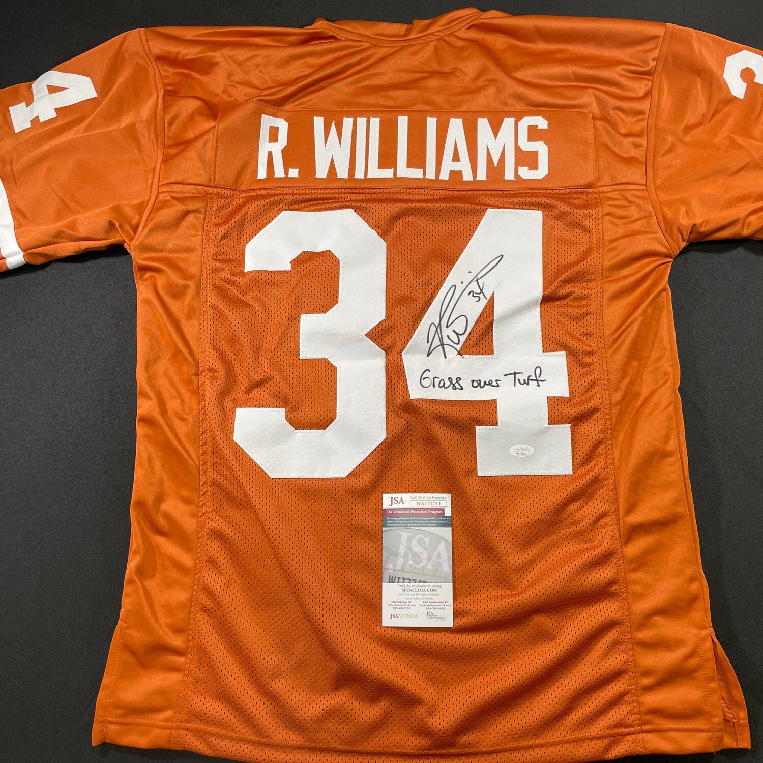 Ricky Williams Texas Longhorn Orange Autographed Jersey & Inscription “ Grass Over Turf  “ w/ JSA COA