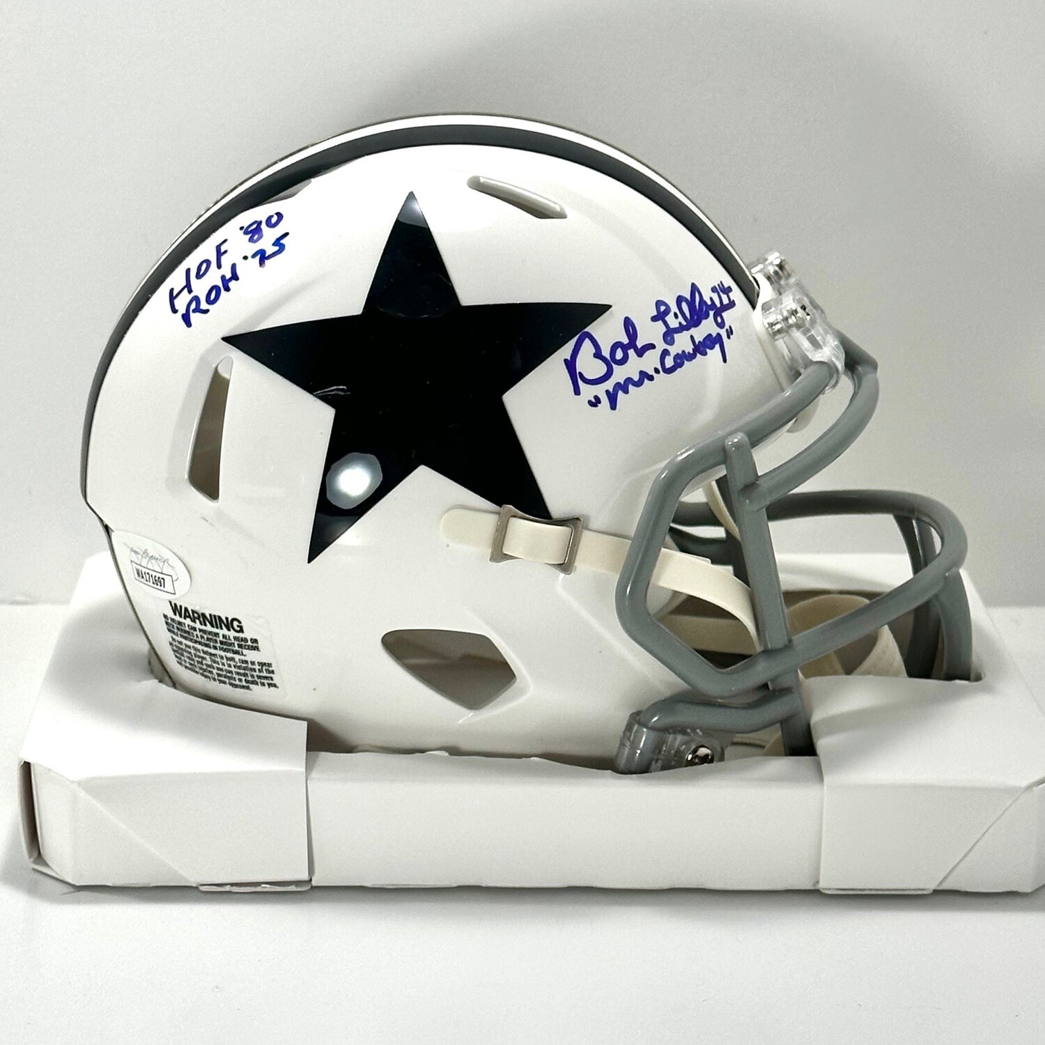 Bob Lilly Retro White Autographed Mini Helmet 3 Inscriptions JSA Authenticated