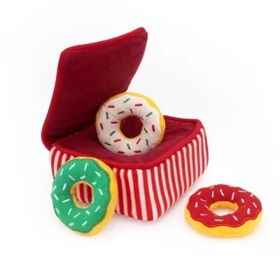 Zippy Paws Holiday Burrow Dog Toy - Christmas Donutz Box + 3 Squeaker Toys