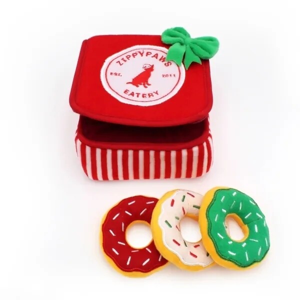 Zippy Paws Holiday Burrow Dog Toy - Christmas Donutz Box + 3 Squeaker Toys