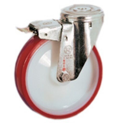 RUOTA GIREVOLE CON FORO PASSANTE E FRENO INOX 100 cod.608802