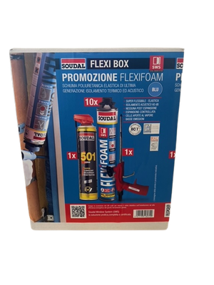 SOUDAL FLEXIBOX CONFEZIONE SCHIUMA 10 BOMBOLETTE FLEXIFOAM+PISTOLA+BOMBOLETTA SBLOCCANTE