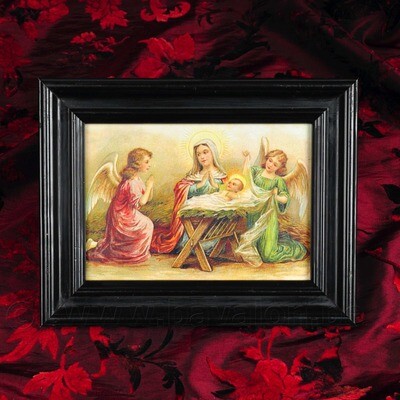 Houten lijstje met vintage afbeelding - Kersttafereel