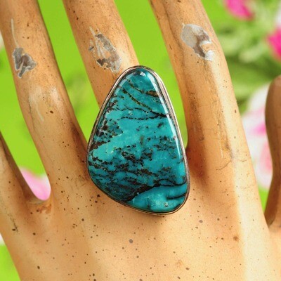 Ring in massief zilver met grote chrysocolla mineraal - Maat 58