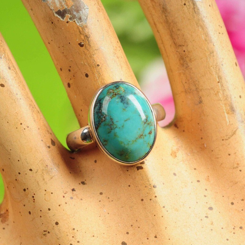 Ring in massief zilver m/cabochon van turkoois - Maat 60