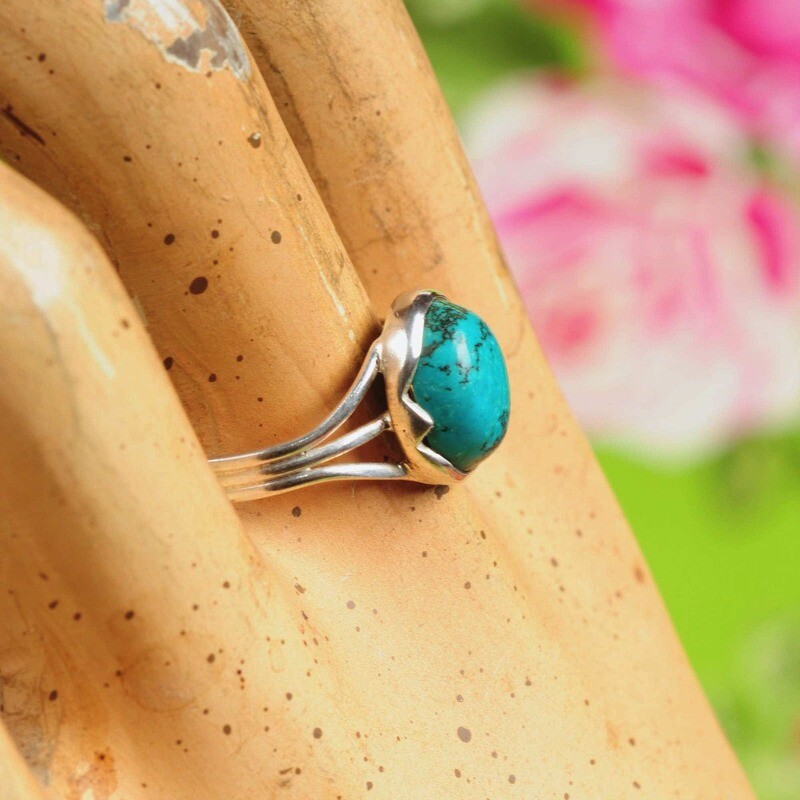 Ring in massief zilver m/cabochon van turkoois - Maat 59