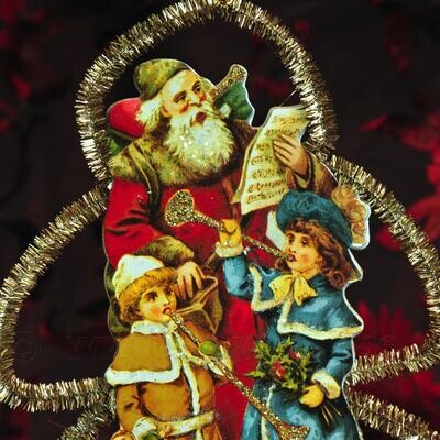 Kerstman m/kindjes kaart-hanger m/zilveren slinger