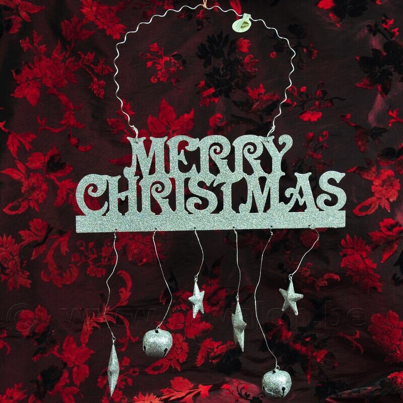 &#39;Merry Christmas&#39; metaal met belletjes en zilveren glitter - 30 cm