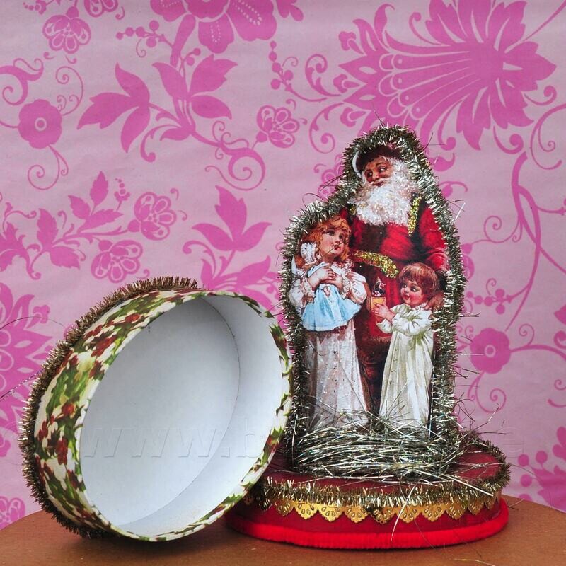 Kerstman met 2 kindjes vintage afbeelding op snoepdoos ovaal