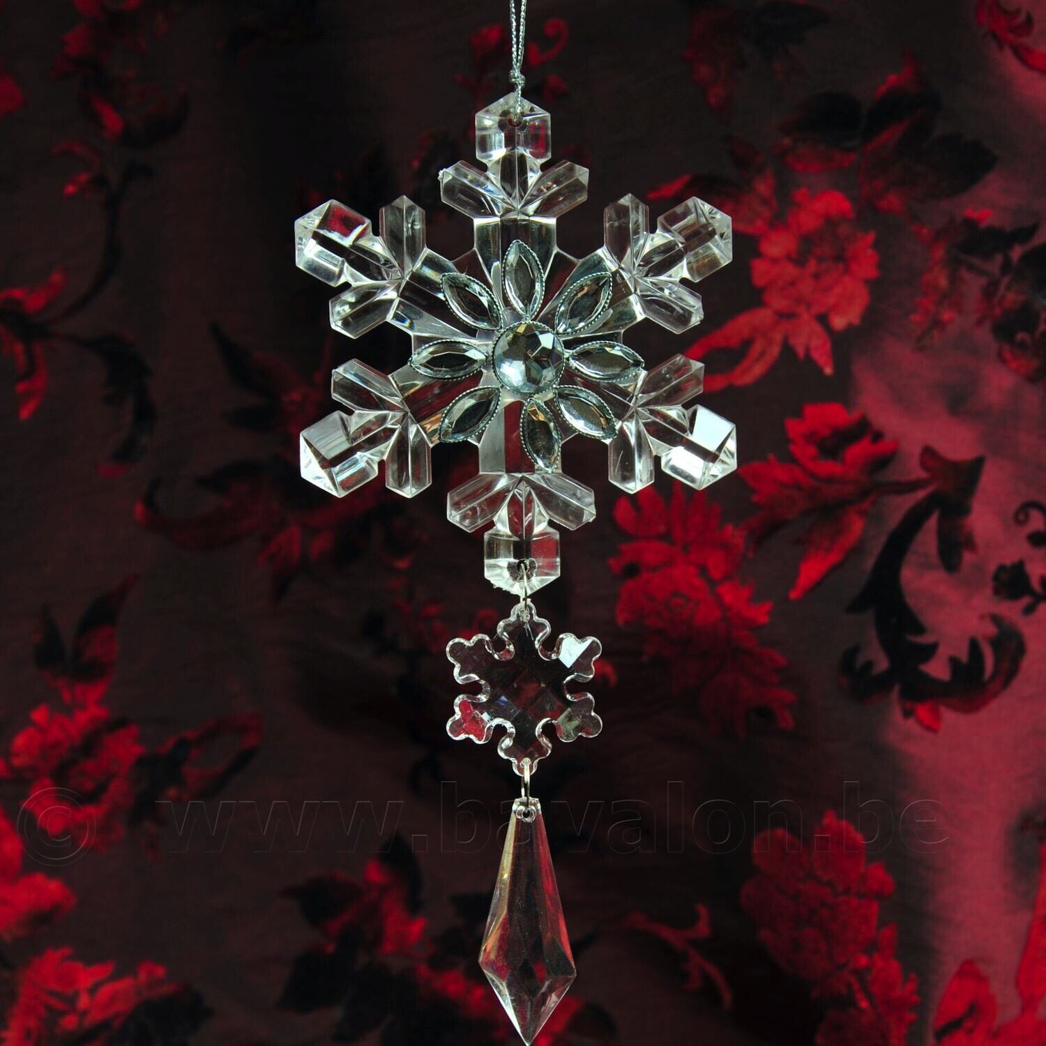 Kerst-hanger ijskristal met zilver-kristallen bloem - 19 cm
