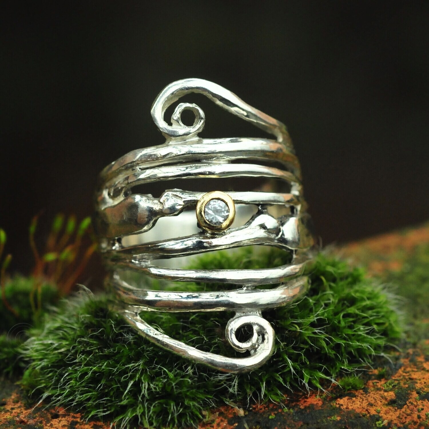 Ring in massief zilver met briljant in 18kt gouden kastje - Ralf De Burchgrave (België)