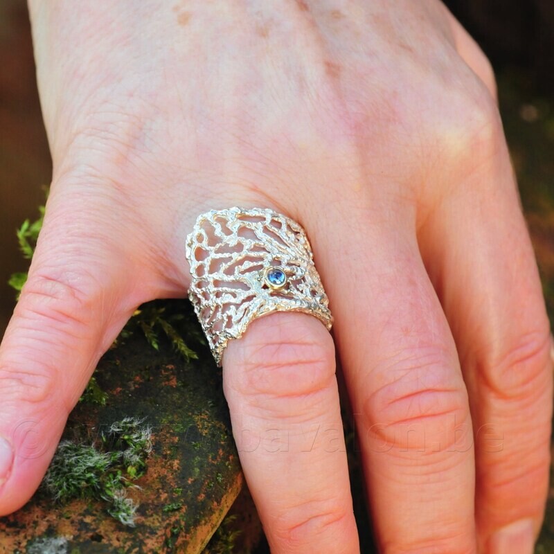 Ring in massief zilver met saffier in 18kt gouden kastje - Ralf De Burchgrave (België)