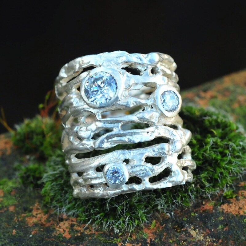 Ring in massief zilver met 3 briljanten in zirkonia - Ralf De Burchgrave (België)