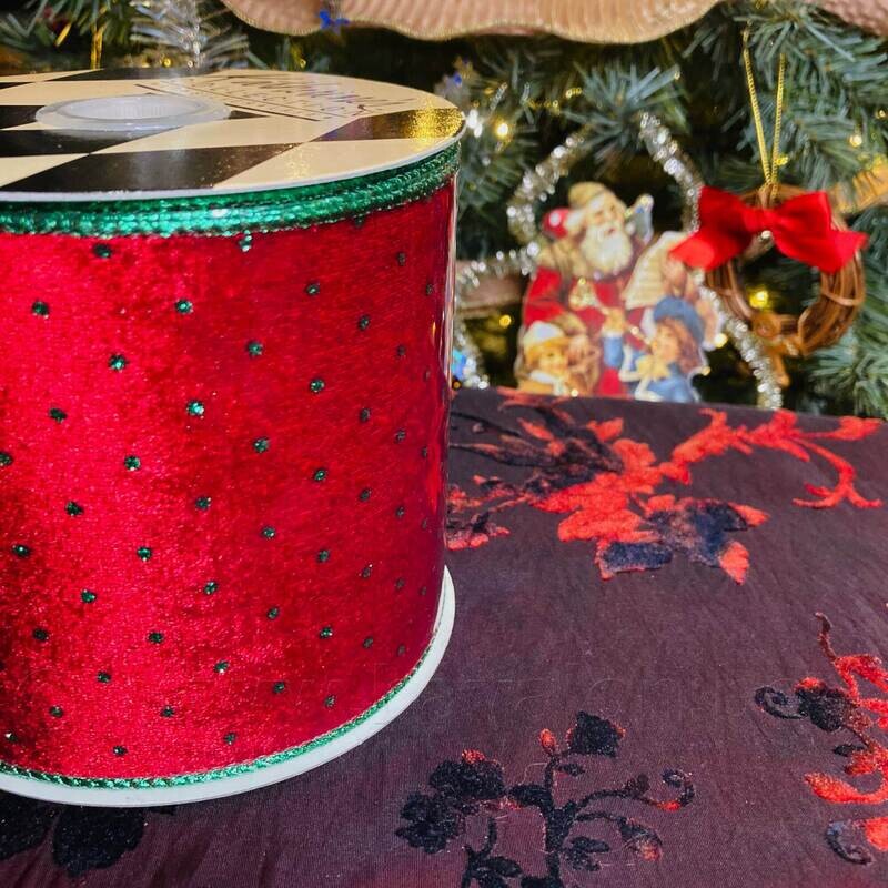 Sierlint 10cm breed in fluweel met kersttint -  op rol van 9,1 meter