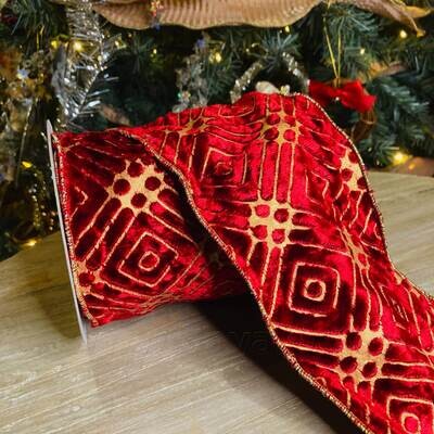 Sierlint 10cm breed met geometrisch motief in rood fluweel -  op rol van 4,5 meter - korting door open verpakking