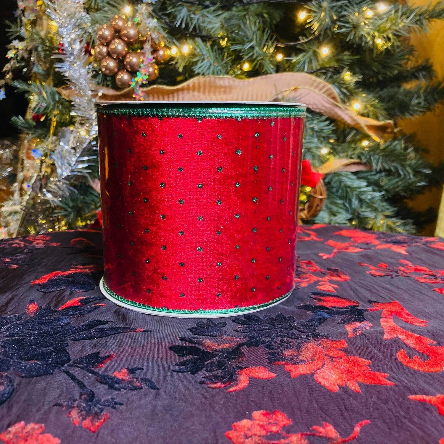 Sierlint 10cm breed in fluweel met kersttint -  op rol van 9,1 meter