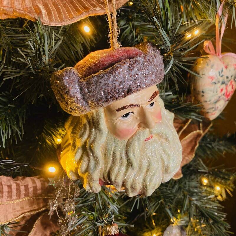 Kersthanger hoofd &#39;Santa Klaus&#39; met bontmuts - 9 cm