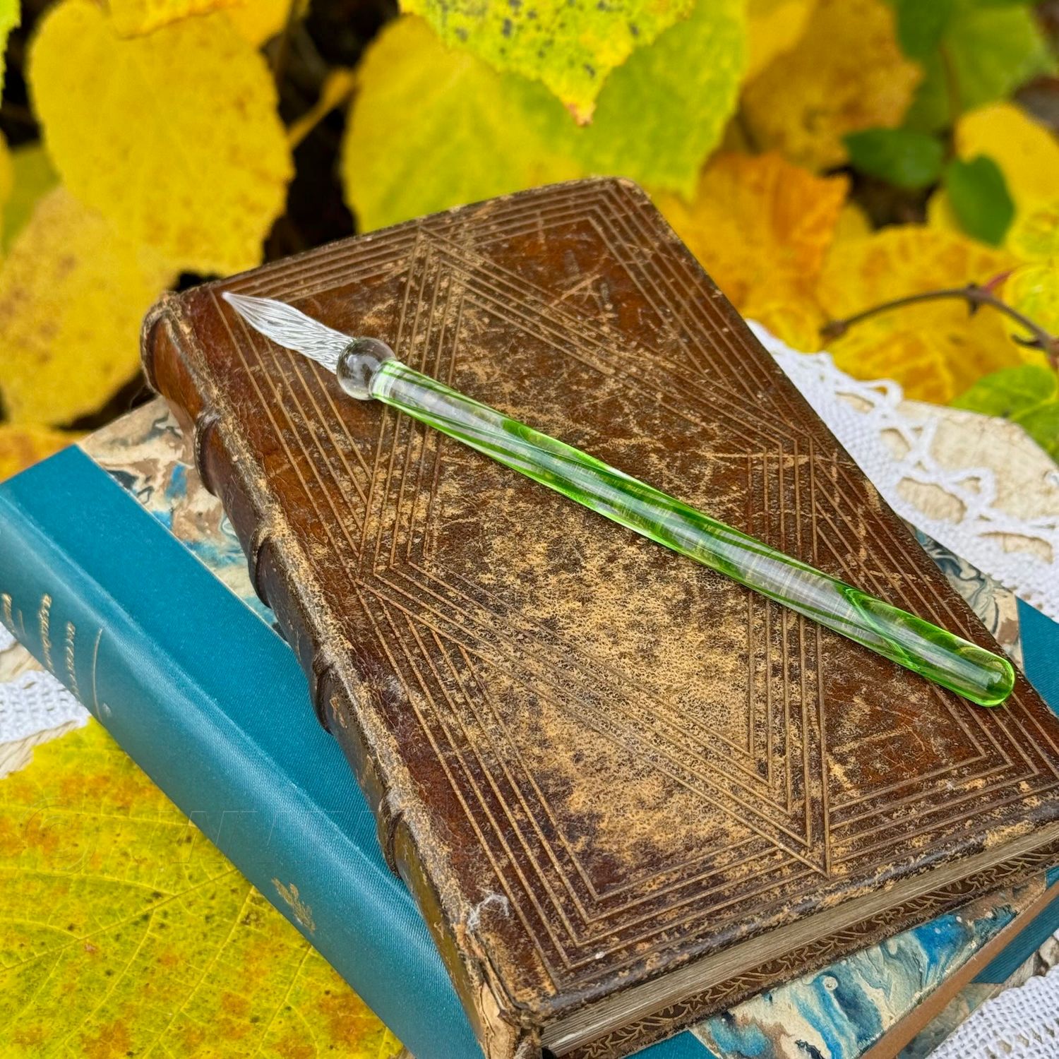 Glazen pen 15 cm - groen gestreept - kalligrafie - J.Herbin
