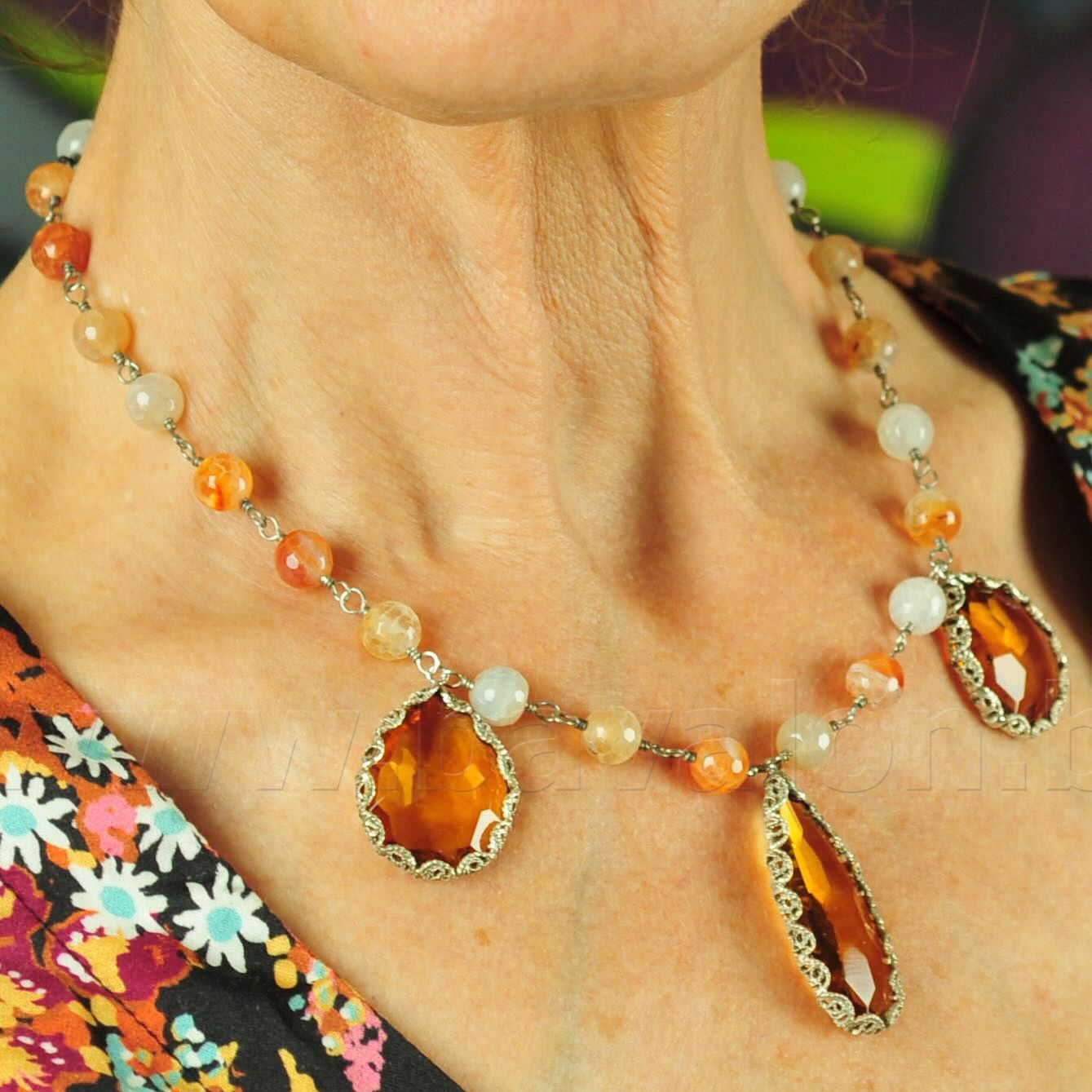 Halssieraad in massief zilver met 3 grote Aqua Lemuria hangers - kralen in jade - Yvone Christa (New York)