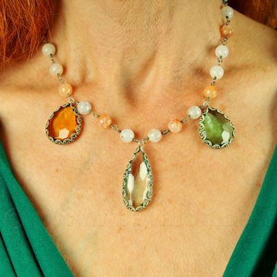 Halssieraad in massief zilver met 3 grote Aqua Lemuria hangers - kralen in jade - Yvone Christa (New York)