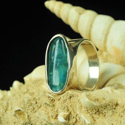 Ring in massief zilver m/blauwe toermalijn - Maat 58