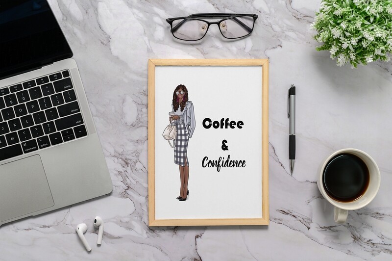 Coffee and Confidence motivating wall art brown skinned woman