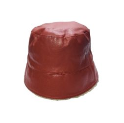 Vegan Leather Bucket Hat w/Sherpa - Rust