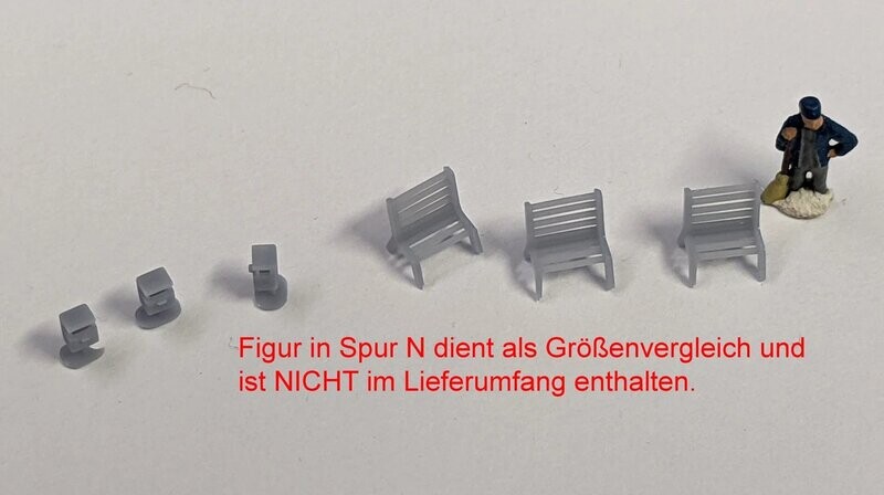 Ausgestaltungset Bänke + Mülleimer Spur N 1:160 Ausgestaltungset Bänke + Mülleimer Spur N 1:160