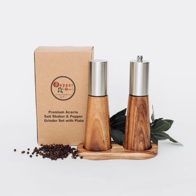 Metal top Acacia Salt Shaker and Pepper grinder set with plate