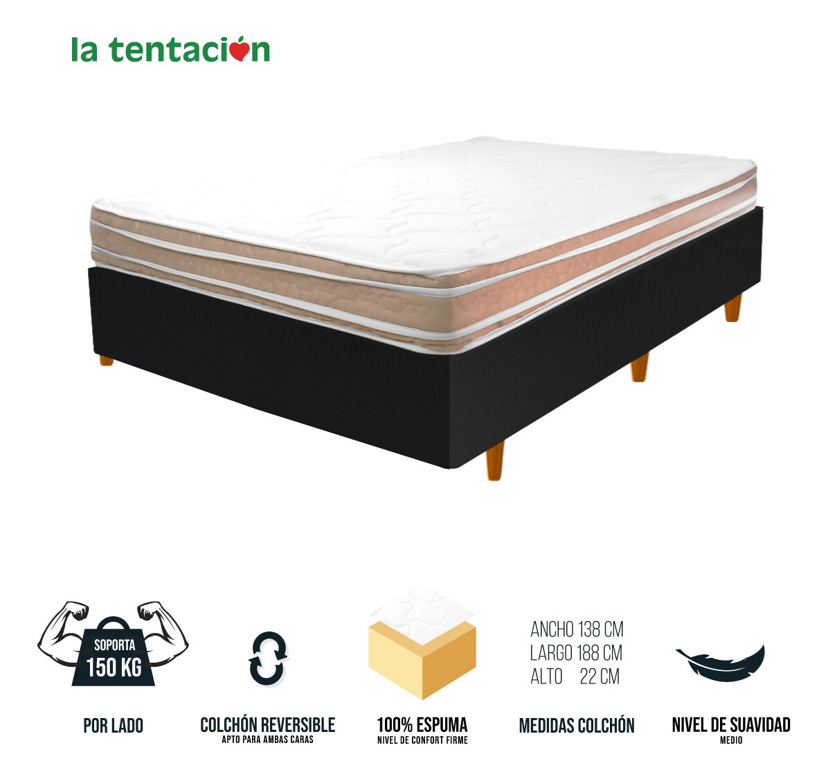 Sommier Colchón + box 2 Plazas 22 Cm 150 Kg Reversible