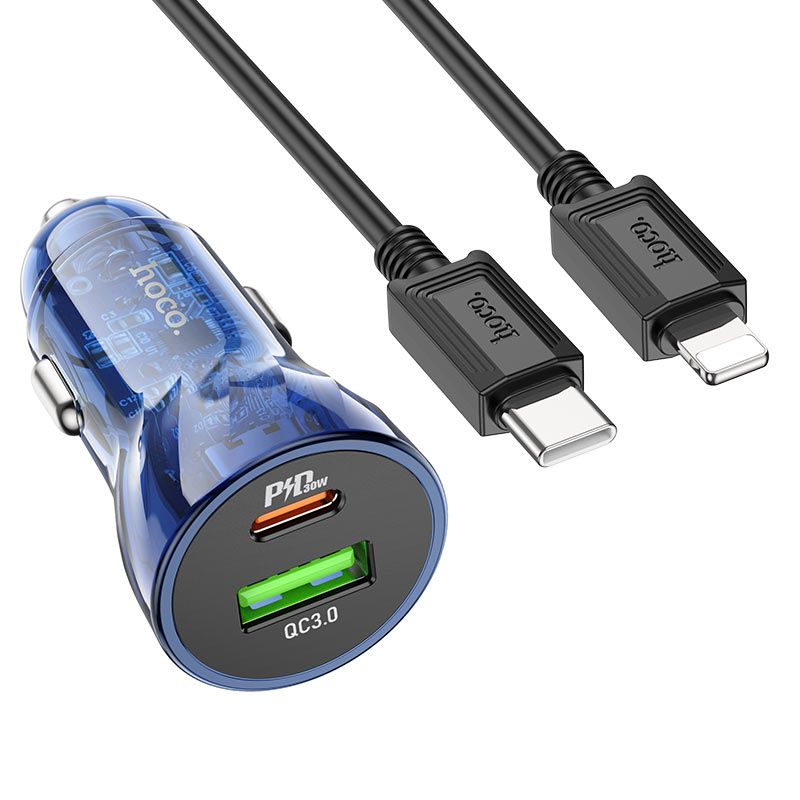 Cargador de auto Z47A puerto tipo C PD 30W + puerto USB 3.0A con cable tipo C a ligthing