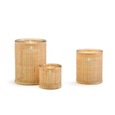 Weaved Ratan Wrapped Cache Pot Candle Holders S/3