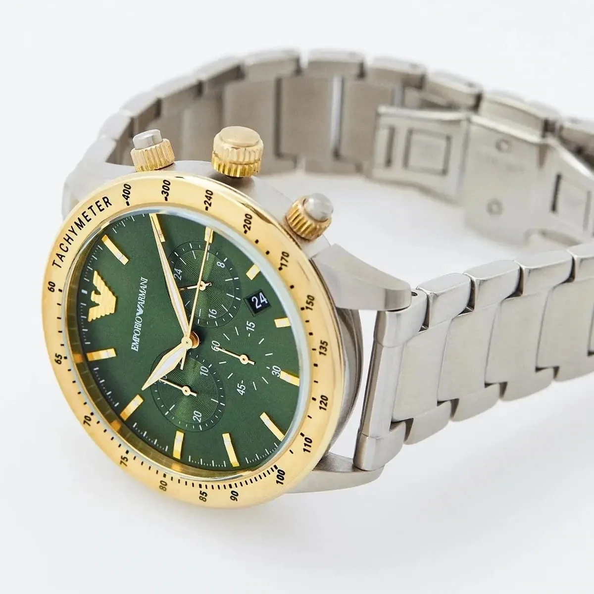 Orologio Emporio  Armani bicolore, quadrante verde, cinturino in acciaio