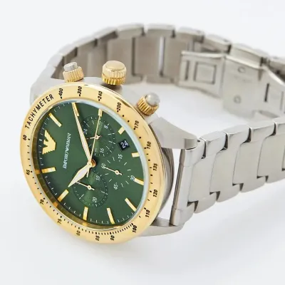 Orologio Emporio  Armani bicolore, quadrante verde, cinturino in acciaio