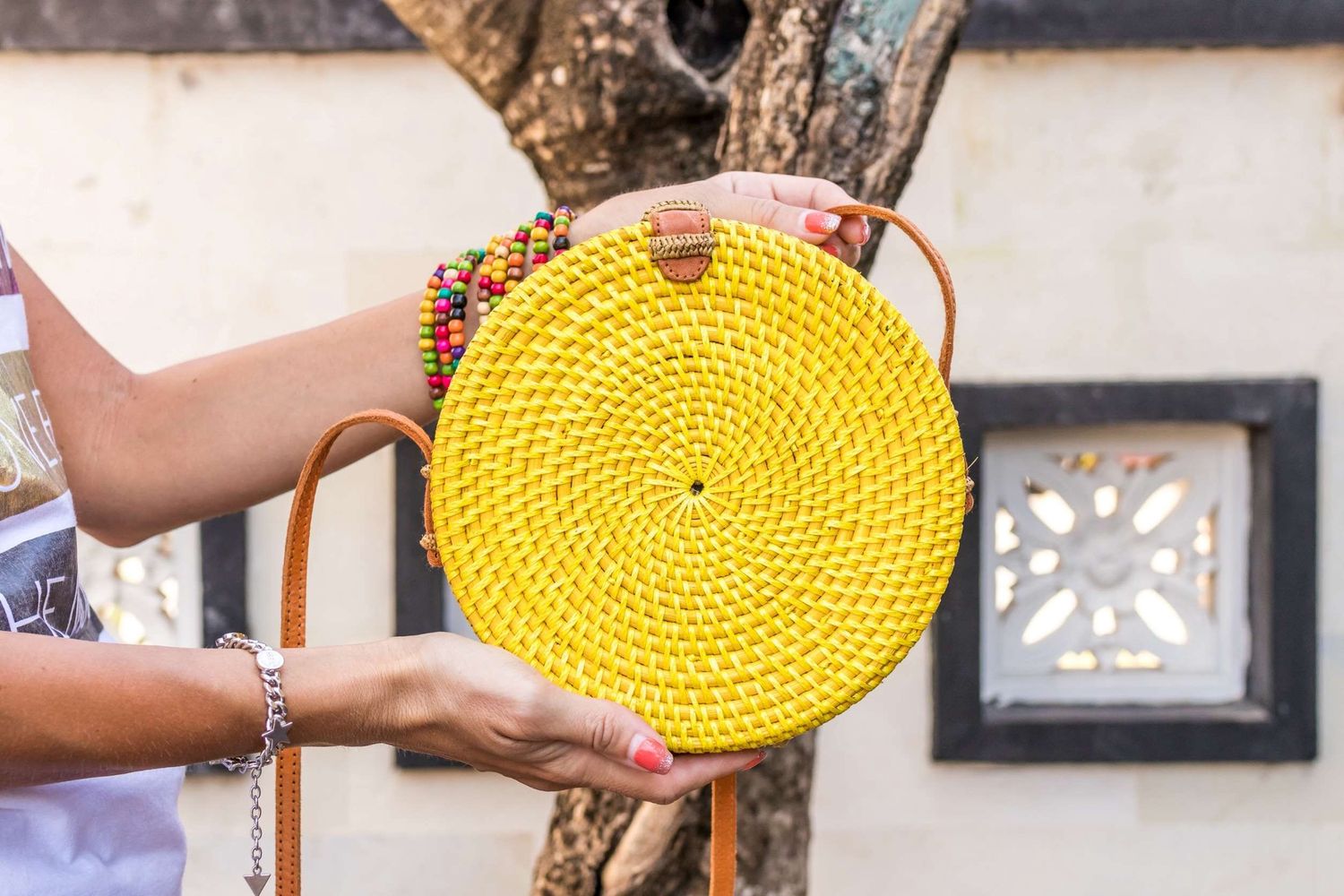 Rattan Round Yellow Shoulder Bag